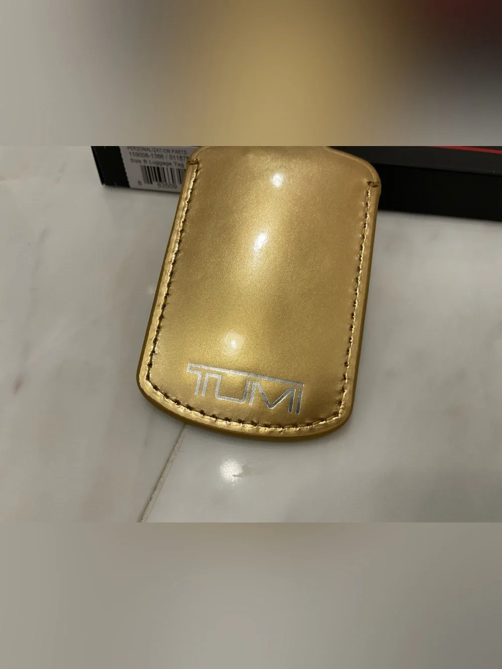 NEW Tumi 3.625” x 2.25” Leather Luggage Name Tag w/ Buckle - METALLIC GOLD